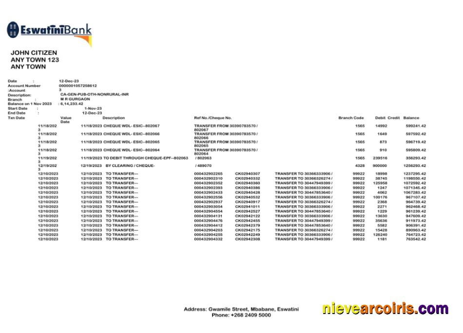 Eswatini Swazibank Limited bank statement Word and PDF scr